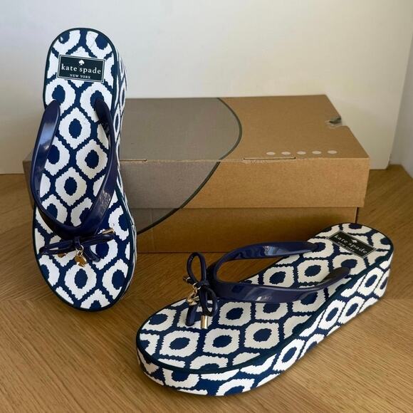 Kate Spade Platform Navy/White Women Flip Flops Sandals - SZ 8 - Picture 6 of 14